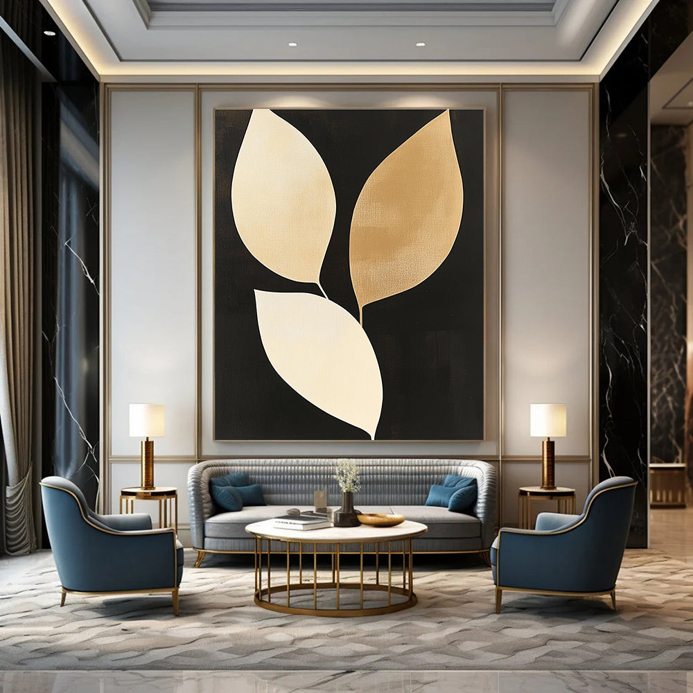 Gold and Beige Leaves Sophisticated Botanical Abstract Painting GAB0295