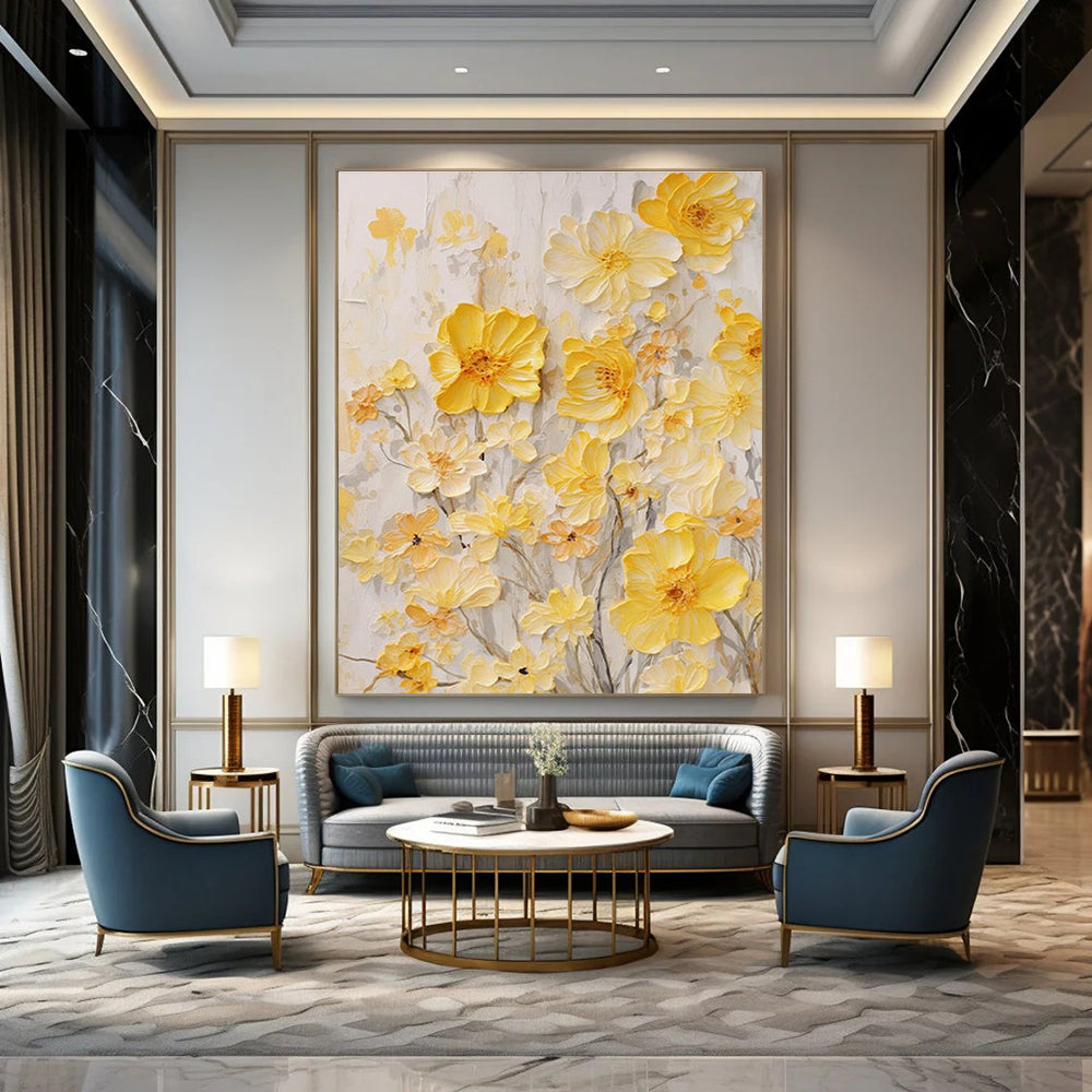 Delicate Textured Yellow Flowers Painting for Serene Interiors HENG289