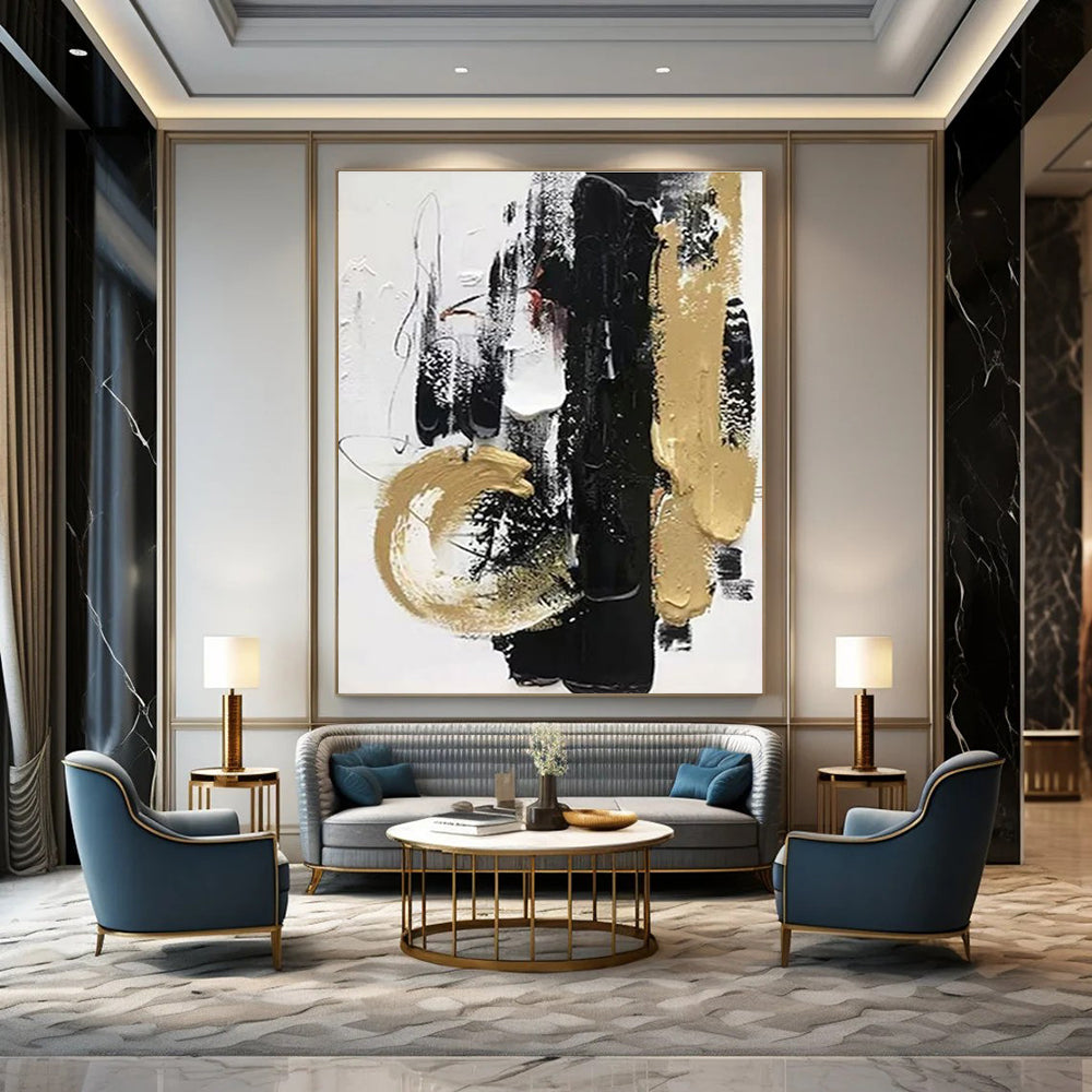 Black - Gold - White Abstract Expression Painting for Luxury Home Entrances HENG146