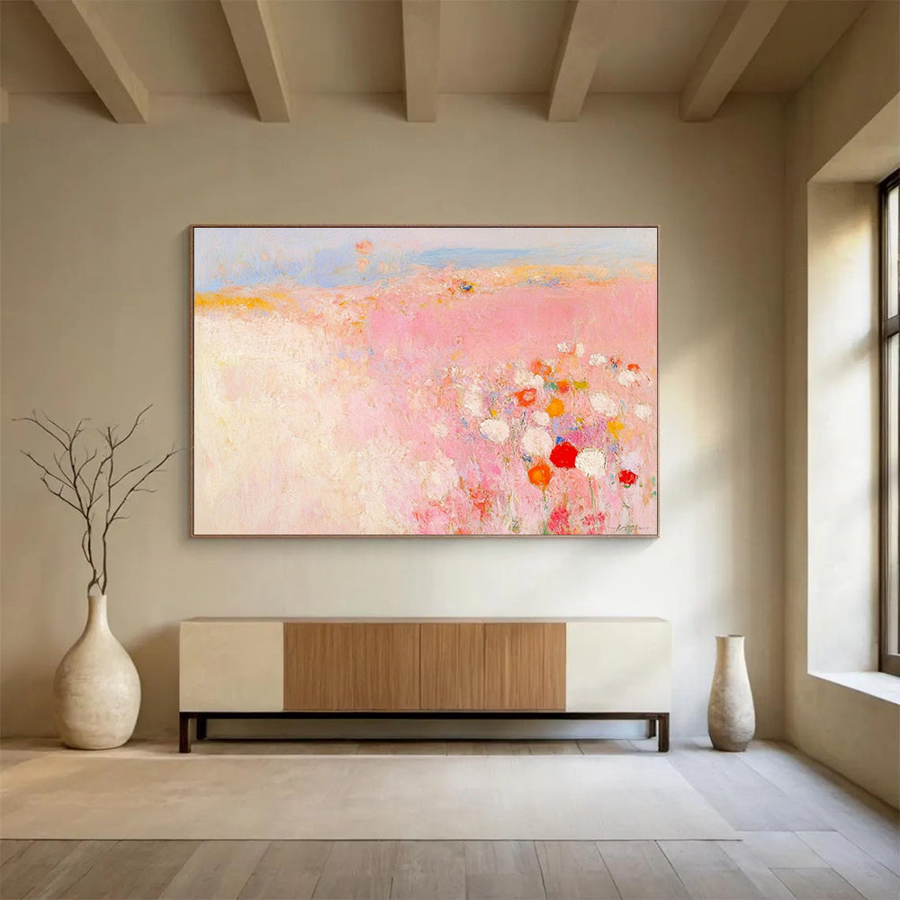 Pink Field Abstract Painting with Soft, Romantic Blossoms ABS508