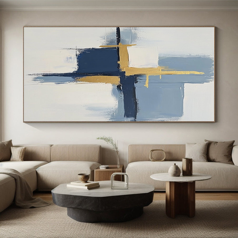 Blue Gold White Abstract Painting with Modern Elegance WINK566