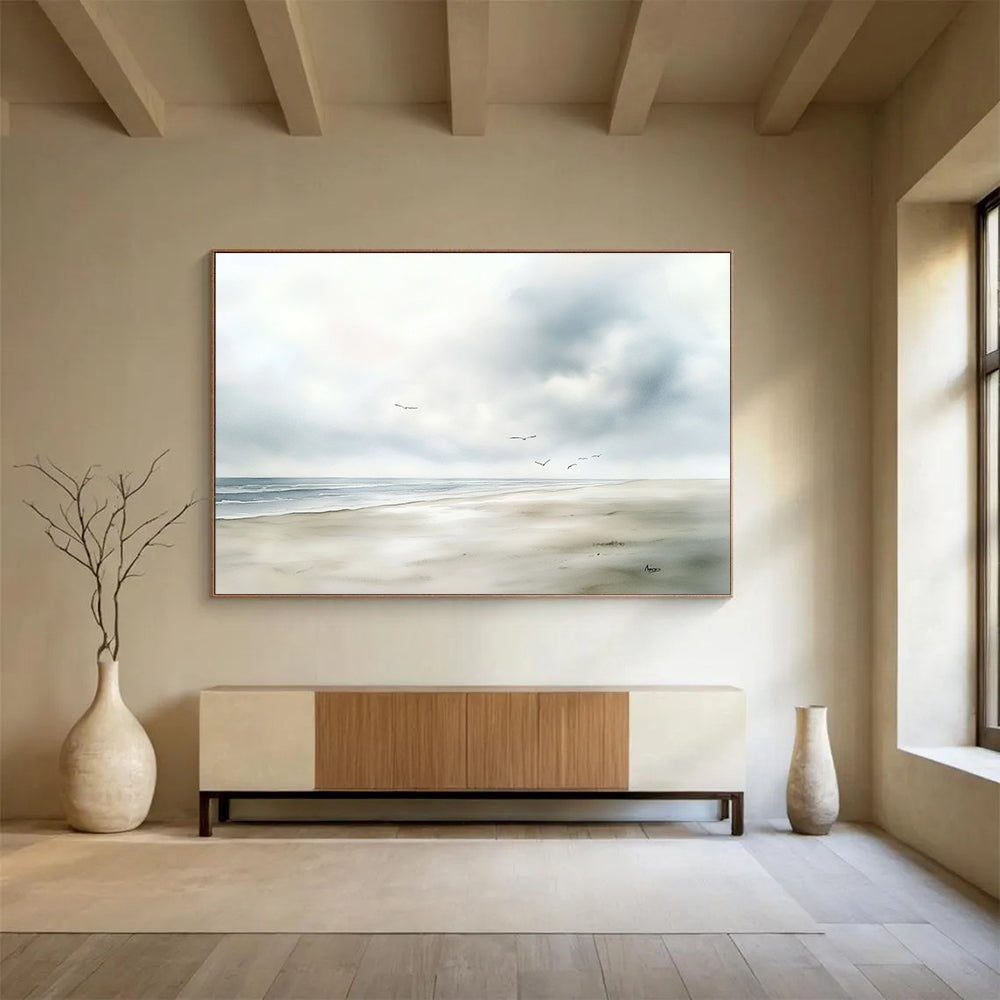 Seaside with Flying Birds Abstract Painting with Tranquil Serenity ABS613