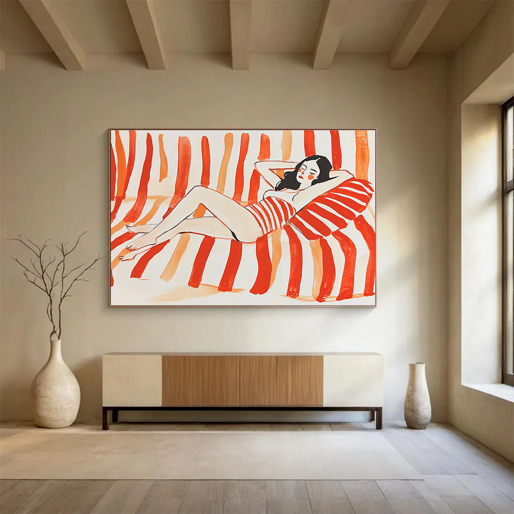 Relaxed Woman on Stripes: Carefree Summer Vibes Abstract Painting ABS164