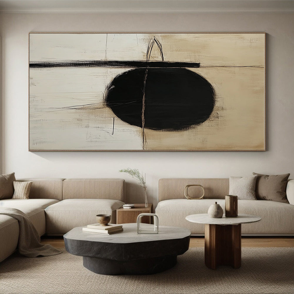 Black Circle and Lines Abstract Painting with Minimalist Drama WINK010