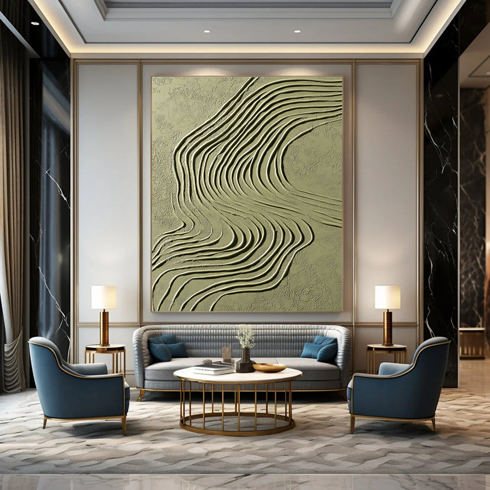 Green Curved Lines on Light Green Abstract Painting with Flowing Textures GAB0064