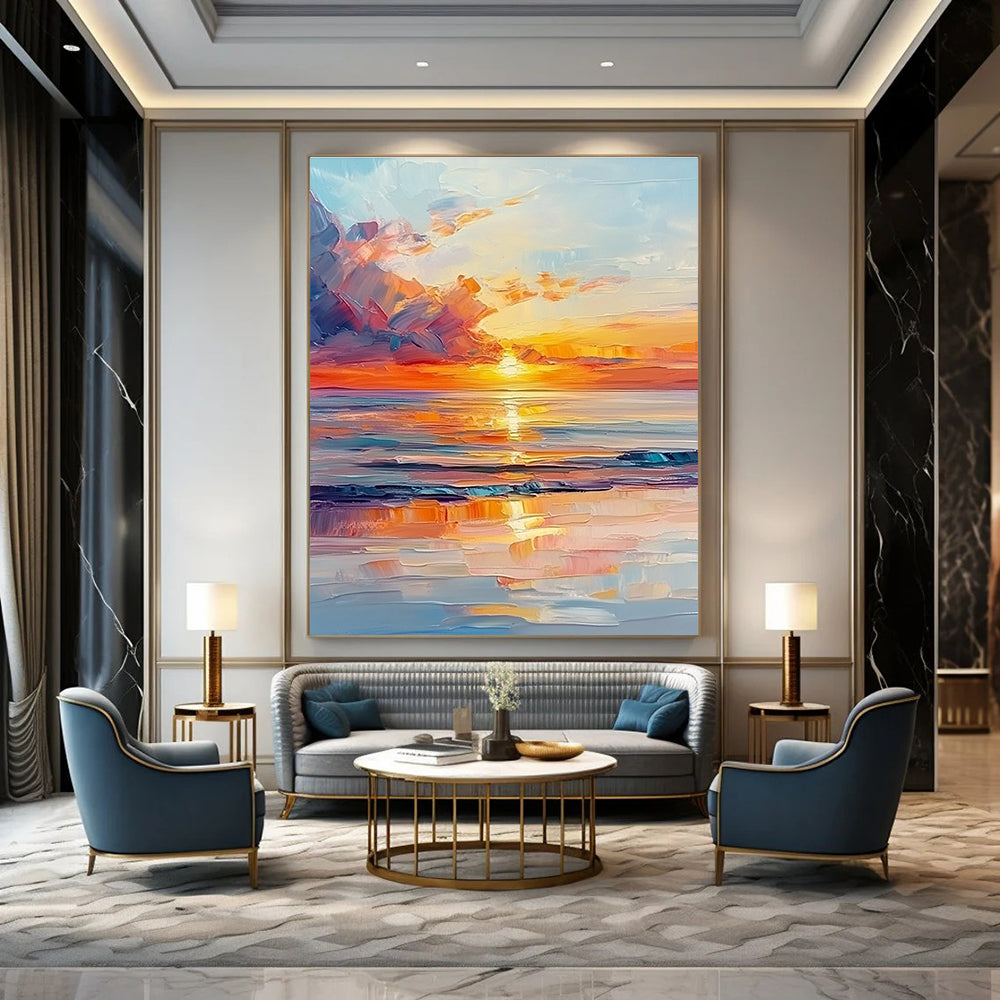 Fiery Sunset Sea Abstract Painting with Dynamic Brushstrokes GAB0016