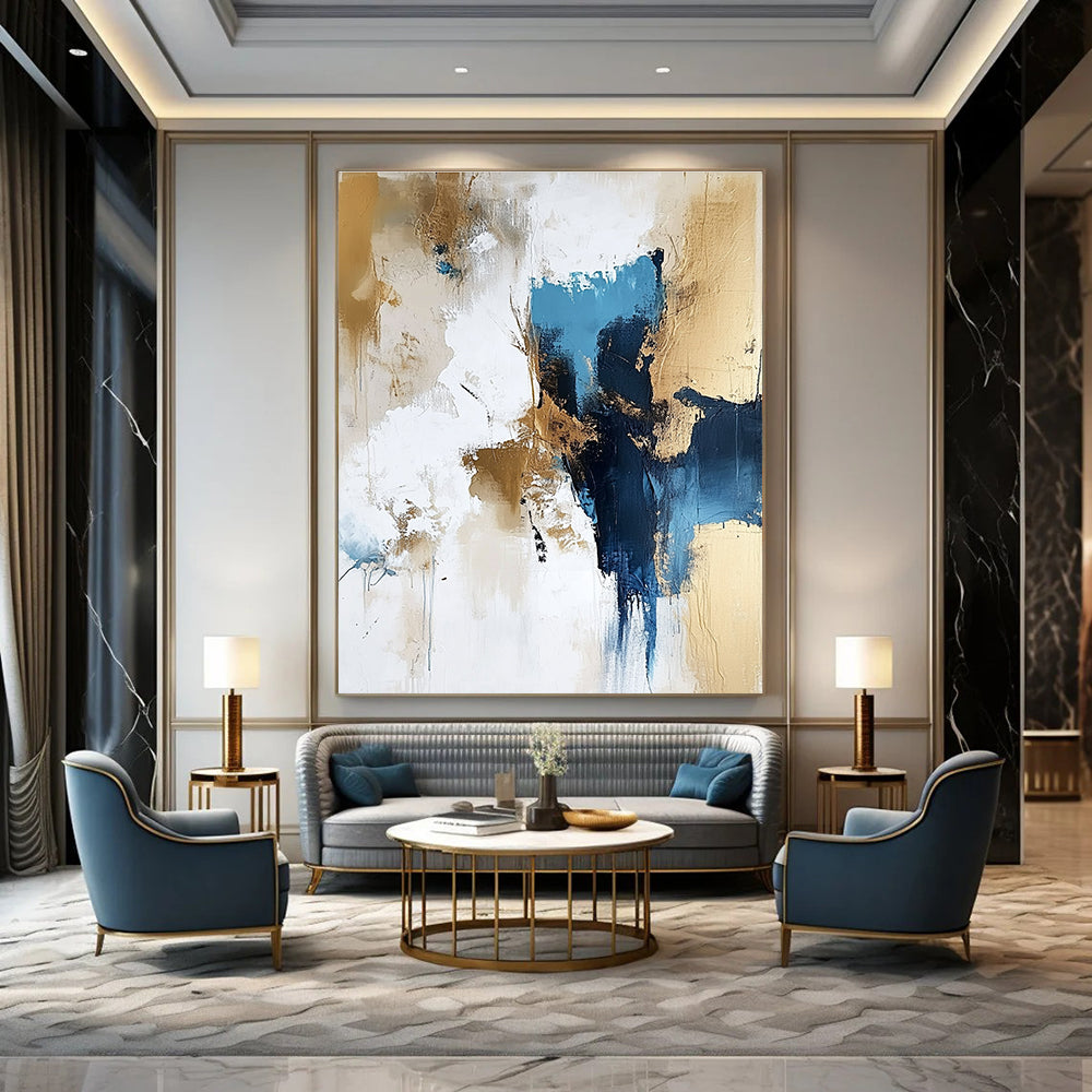 Blue and Gold Abstract Painting for Sophisticated Corporate Lounges GAB0947