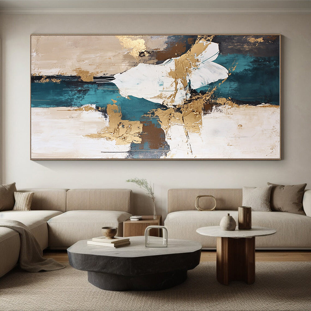 Teal - Gold - White Abstract Painting with Artistic Flair WINK447