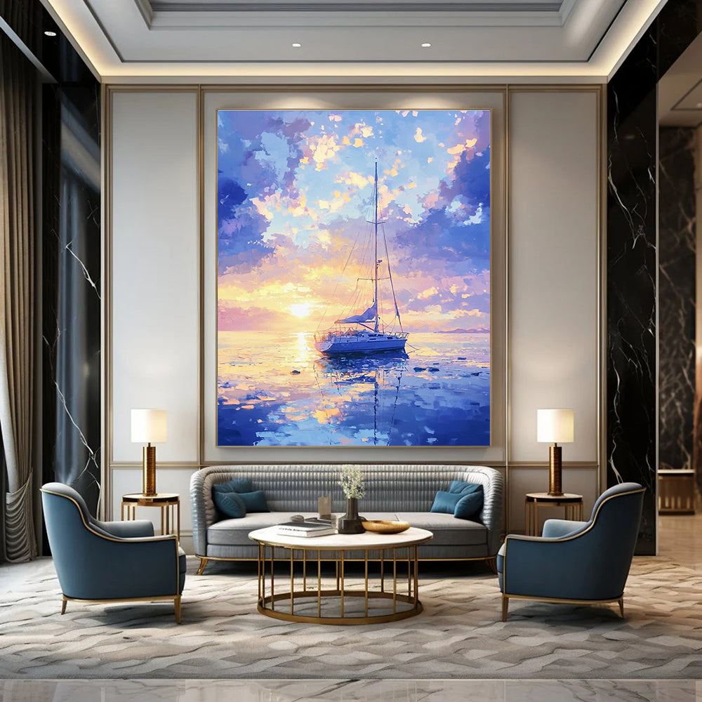 Serene Sailboat Sunset Abstract Painting with Dreamy Colors GAB0015