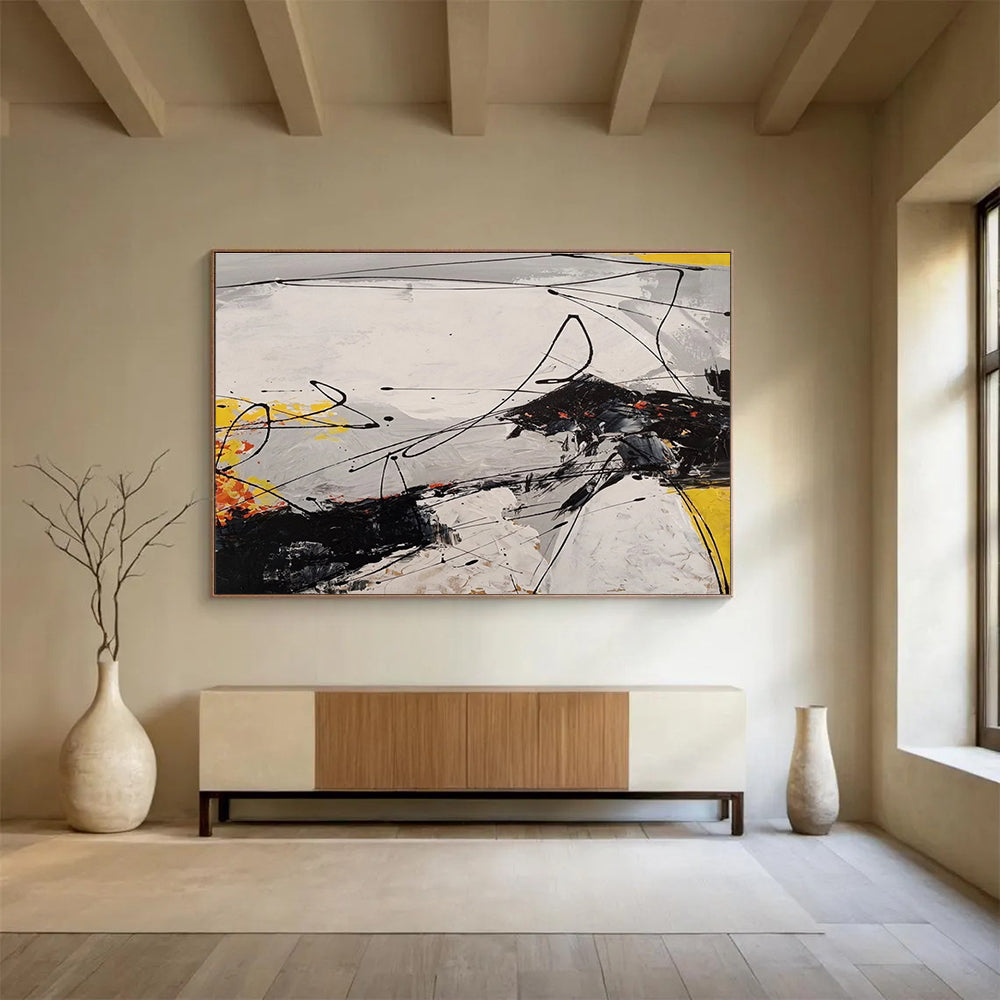 Dynamic Black - White - Yellow Abstract Energetic Painting for Bold Interiors YHT029