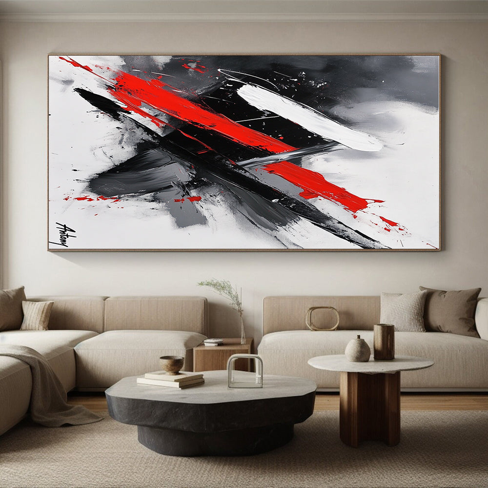 Red, Black, and White Dynamic Strokes Abstract Painting with Energetic Flair WINK245