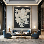White Flowers on Black Abstract Painting for Elegant Dining Rooms HENG140
