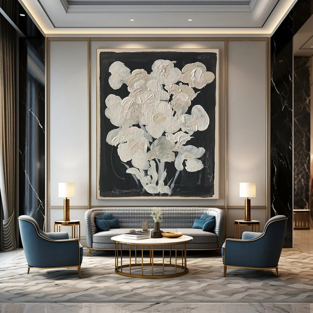 White Flowers on Black Abstract Painting for Elegant Dining Rooms HENG140