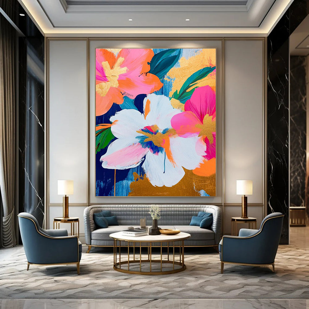Cheerful Floral with Gold Accents Painting for Lively Interiors HENG284