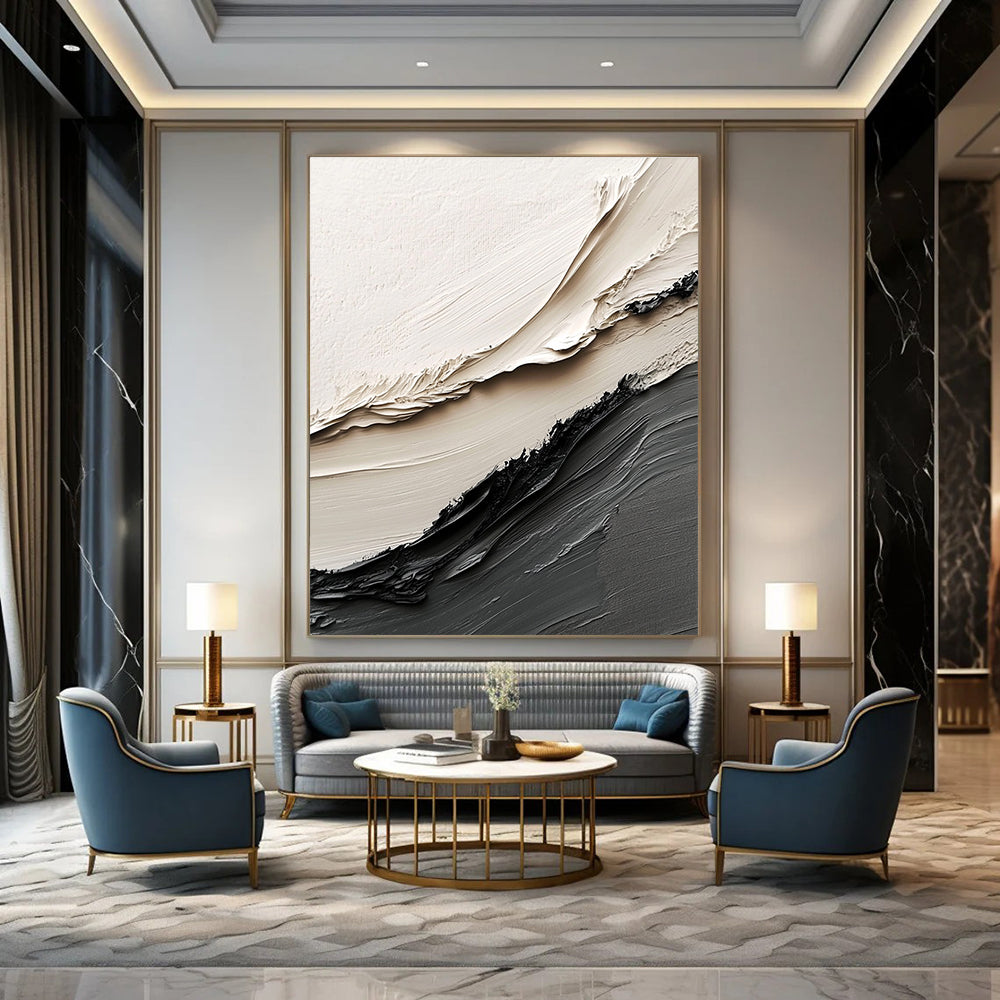 Beige and Black Textured Ridges Industrial Abstract Painting for Loft Spaces GAB1517