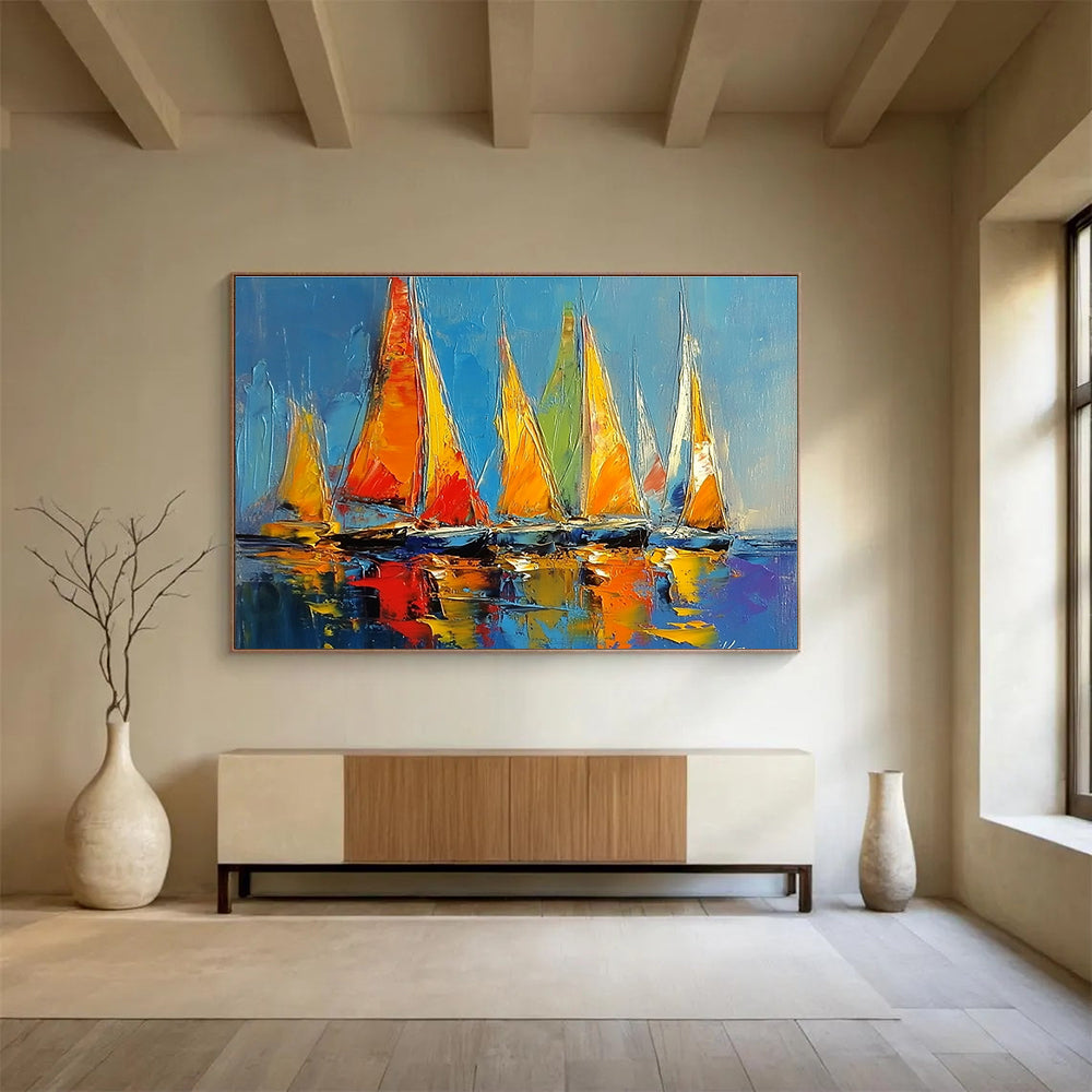 Colorful Sailboats Abstract Painting with Vibrant Maritime Energy ABS433