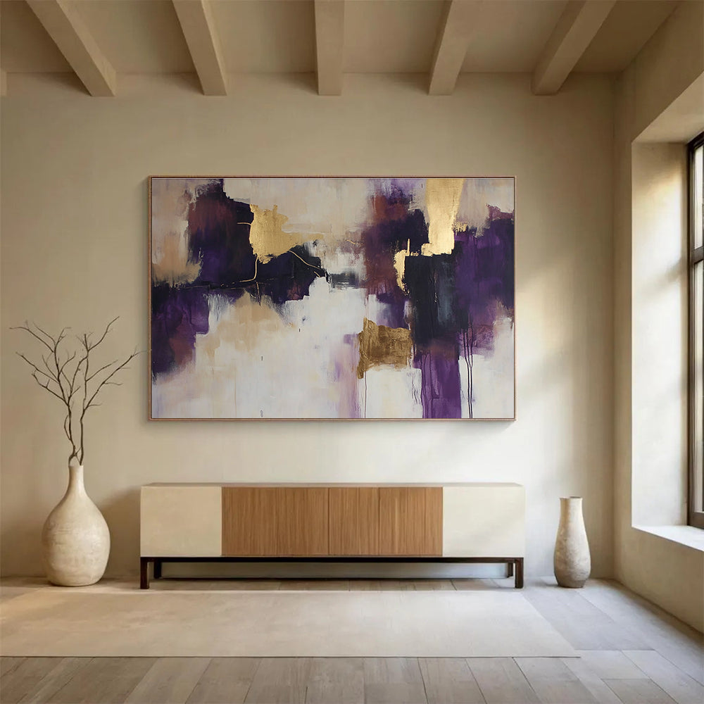 Purple and Gold Abstract Forms Painting with Opulent Hues ABS396