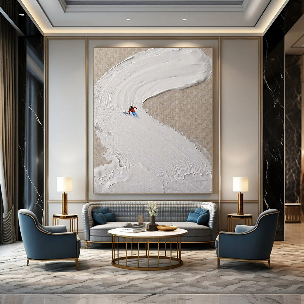 Mini Skier on White Slope Abstract Painting for Winter - Sports Lovers HENG311
