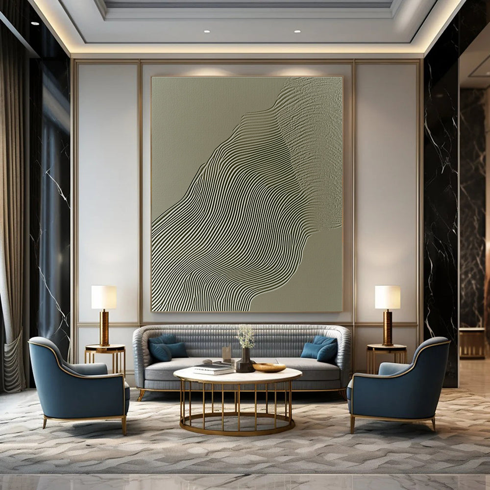 Green Wavy Lines on Grey Abstract Painting with Textured Patterns GAB0063