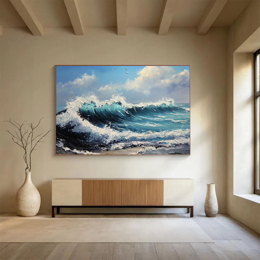 Crashing Waves and Birds Abstract Painting with Ocean Energy ABS599