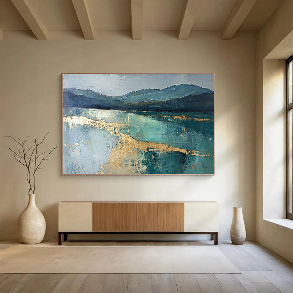 Mountain Lake Abstract Painting with Teal and Gold ABS266