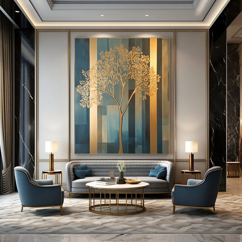 Golden Tree on Blue Modern Nature Abstract Painting GAB0272