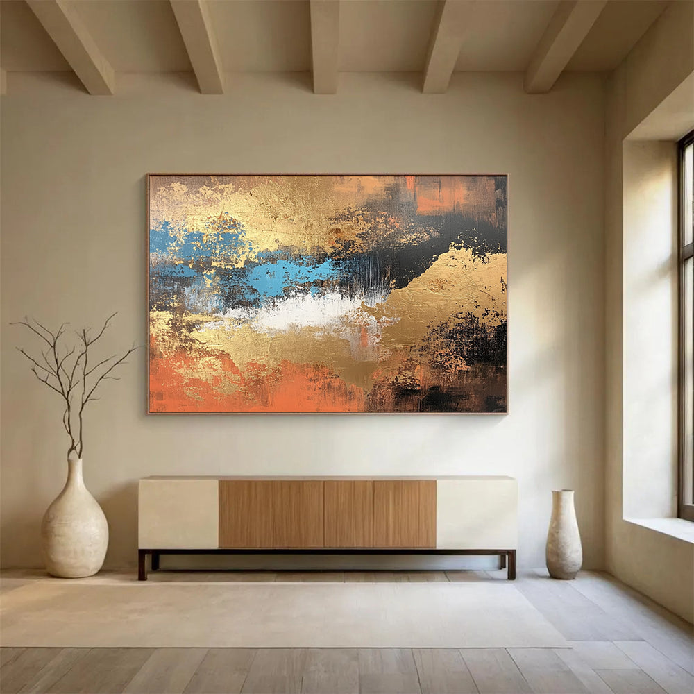 Gold - Blue Abstract Painting with Textured Brushstrokes ABS251