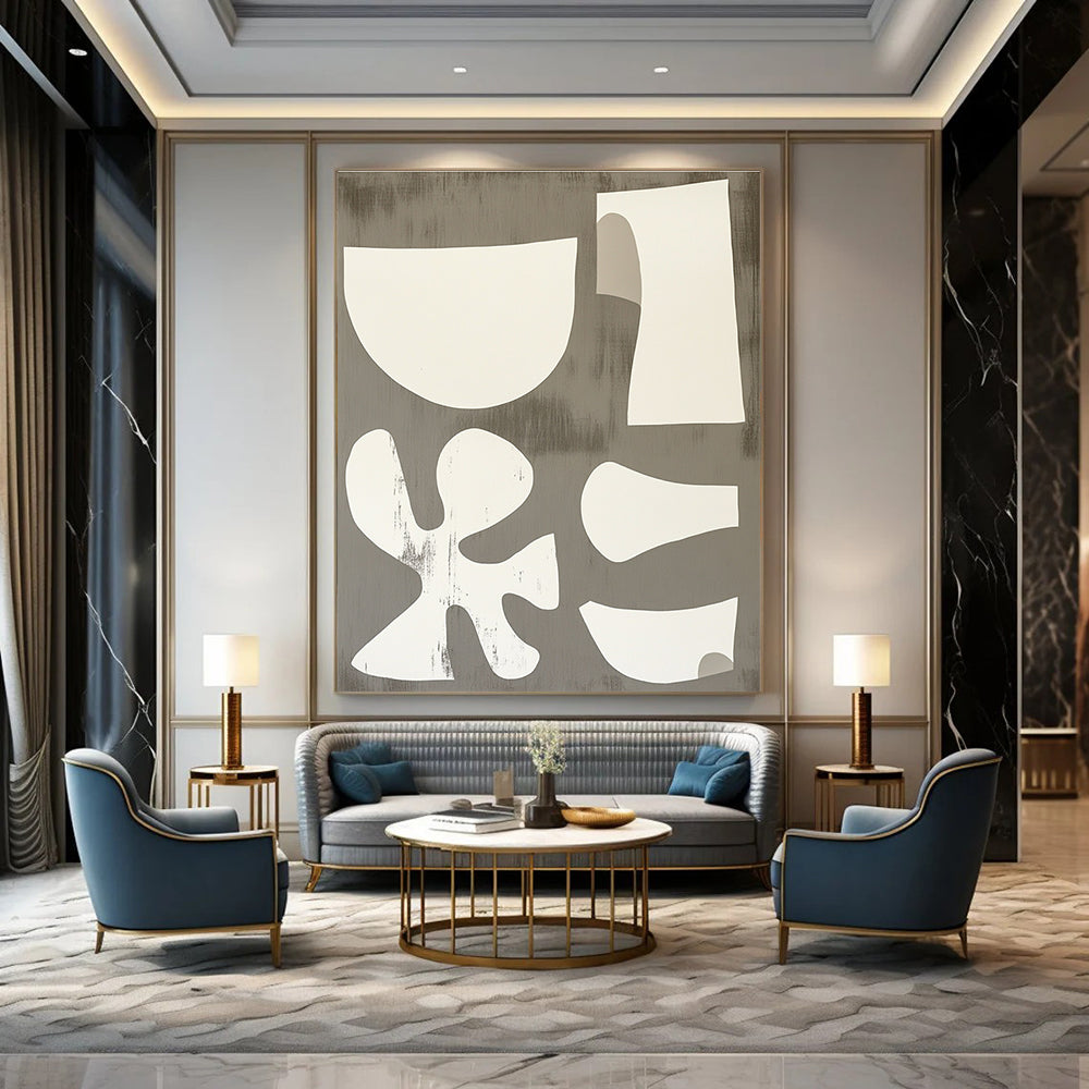 White Shapes on Gray Playful Abstract Painting for Creative Spaces GAB1539