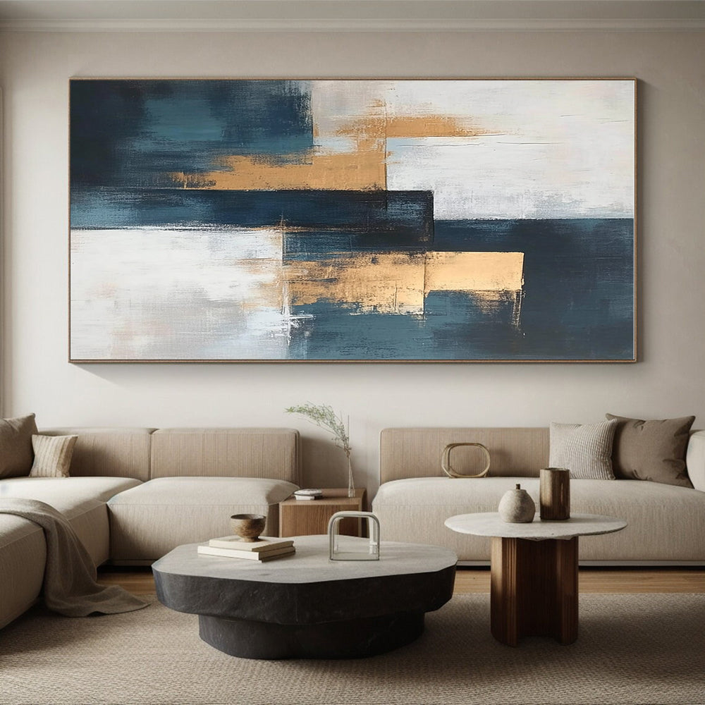 Blue - Gold - White Abstract Blocks Painting with Structured Sophistication WINK374