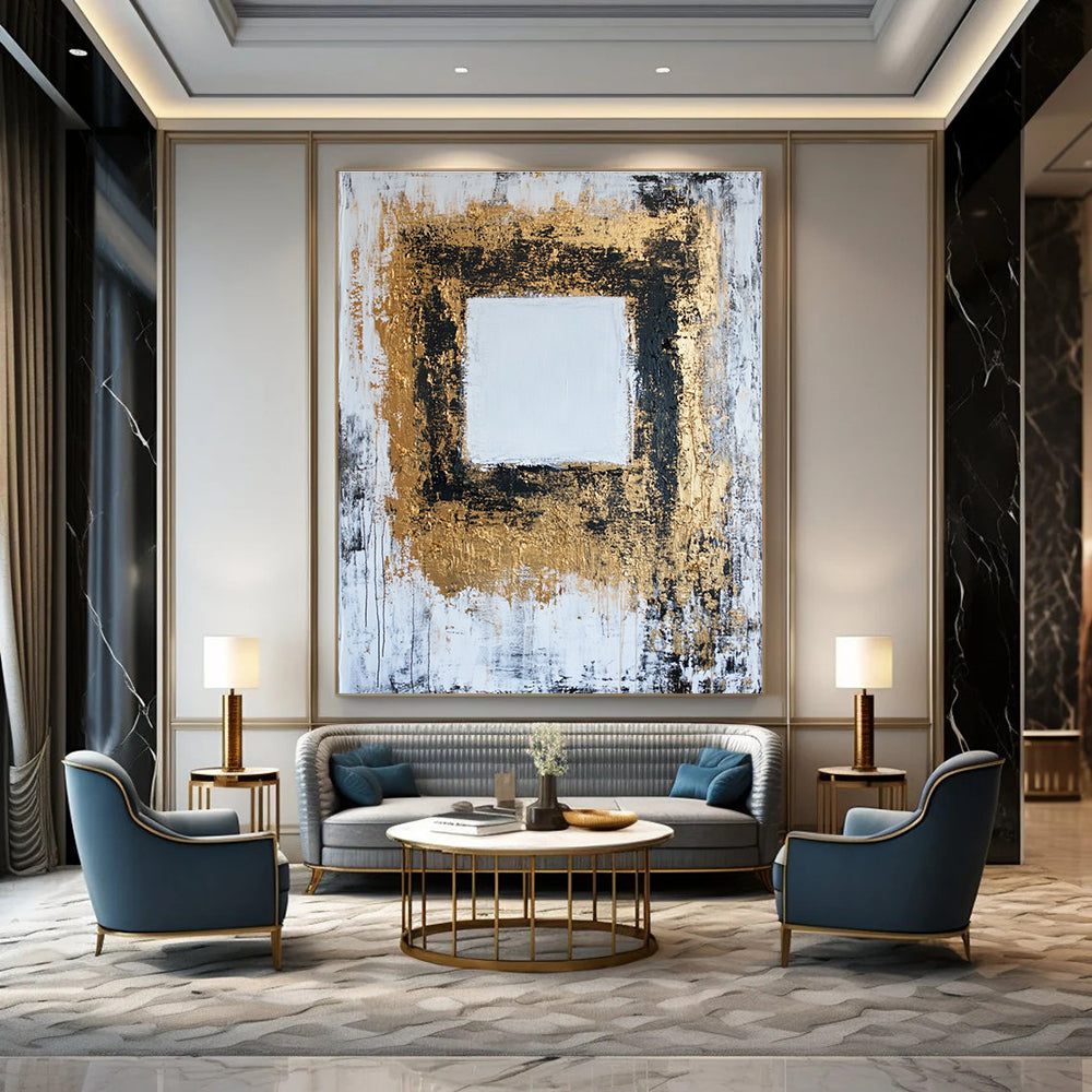 Gold - Framed Square Abstract Painting for Luxurious Living Rooms GAB0850
