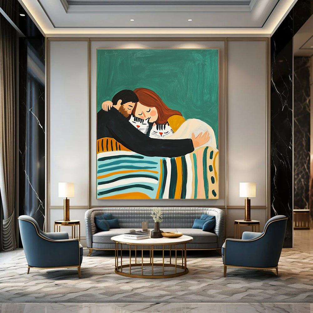 Cozy Family and Cats Painting with Heartwarming Charm GAB0106