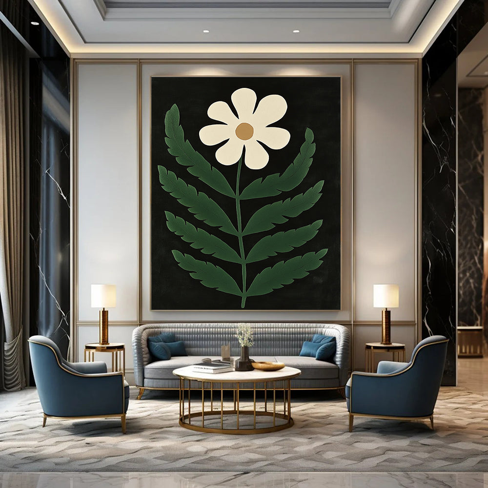 White Flower Minimalist Abstract Painting for Scandinavian - Style Bedrooms GAB1337