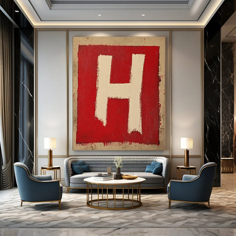 Red and White H Bold Graphic Abstract Painting GAB0324