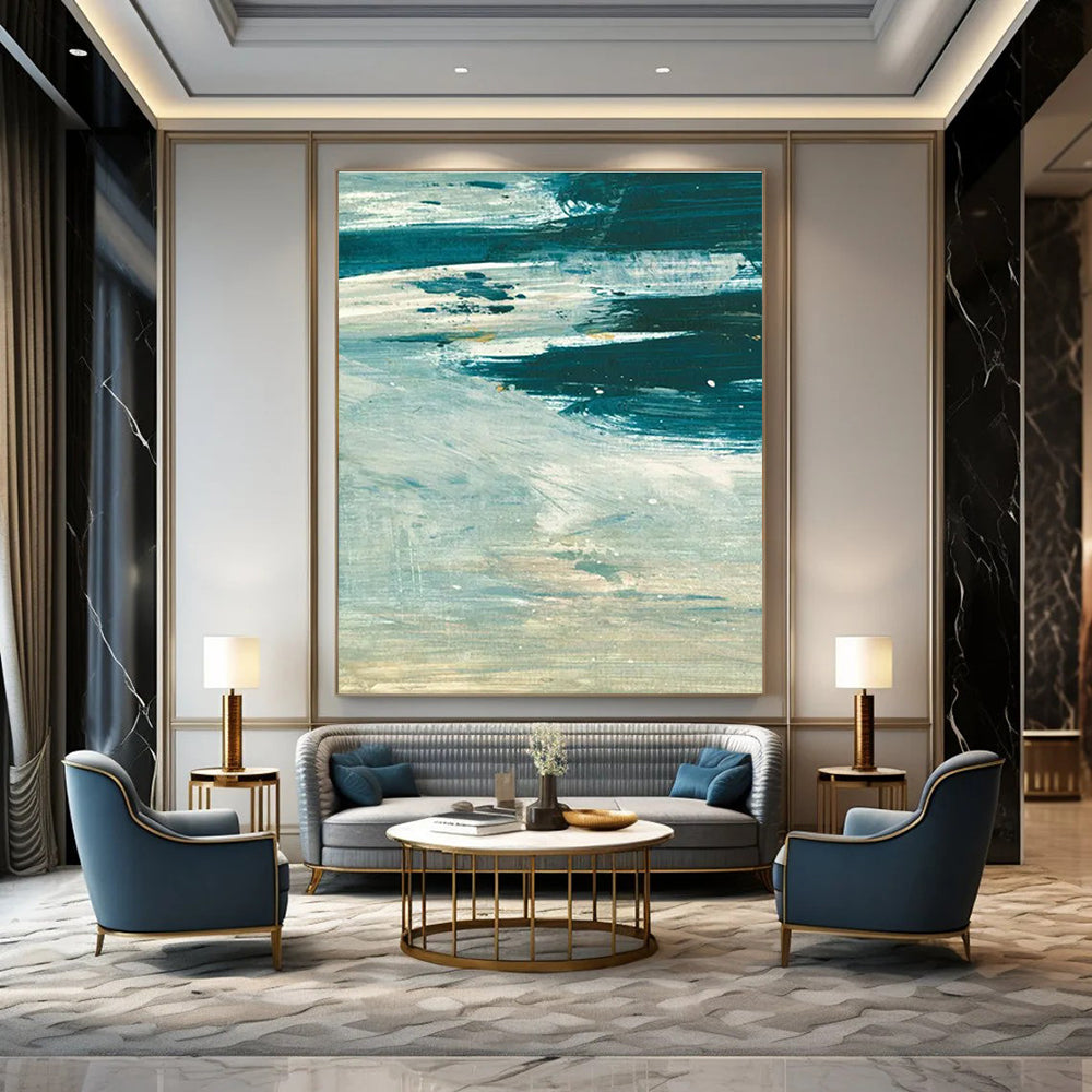 Textured Blue - Green Abstract Painting for Coastal - Inspired Home Offices HENG176