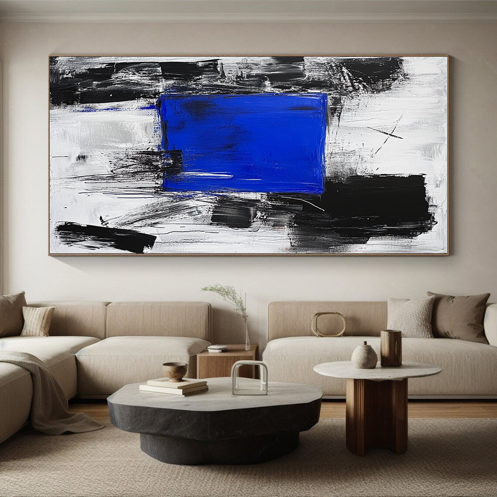 Blue Square in Black and White Chaos Abstract Painting with Focal Contrast WINK025