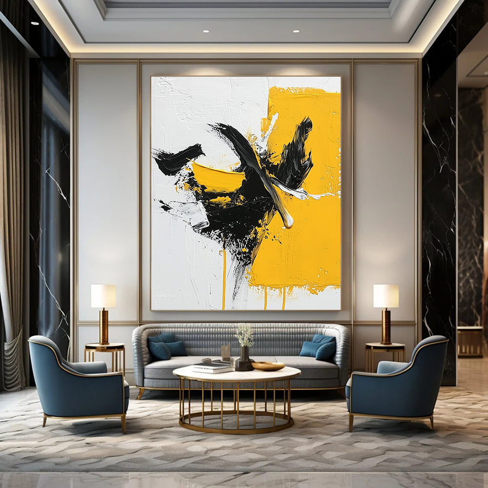 Bold Yellow and Black Abstract Painting for Modern - Styled Offices GAB1014