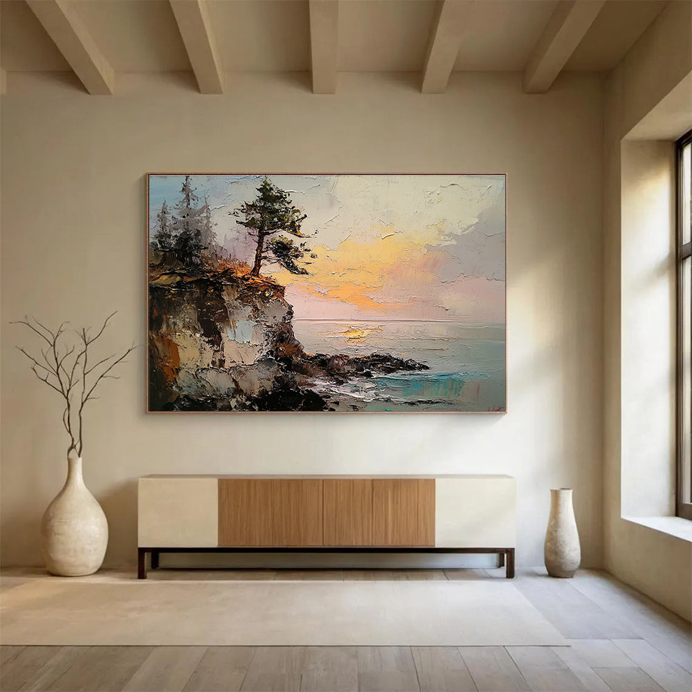 Tree on Cliff at Sunset Abstract Painting with Dramatic Light ABS593