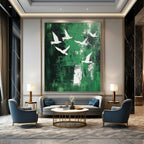 White Birds on Green Abstract Painting for Contemporary Garden Galleries GAB0827