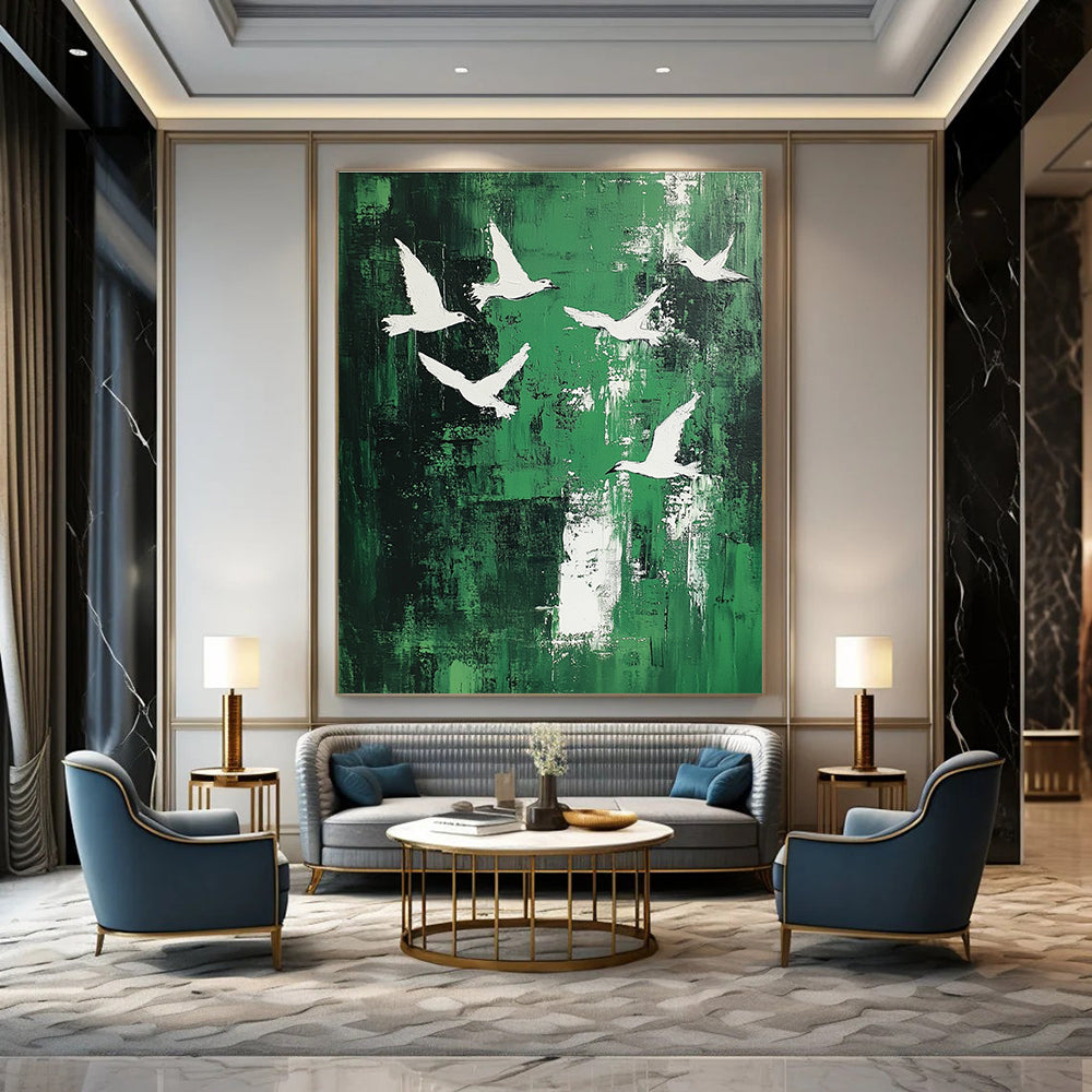 White Birds on Green Abstract Painting for Contemporary Garden Galleries GAB0827