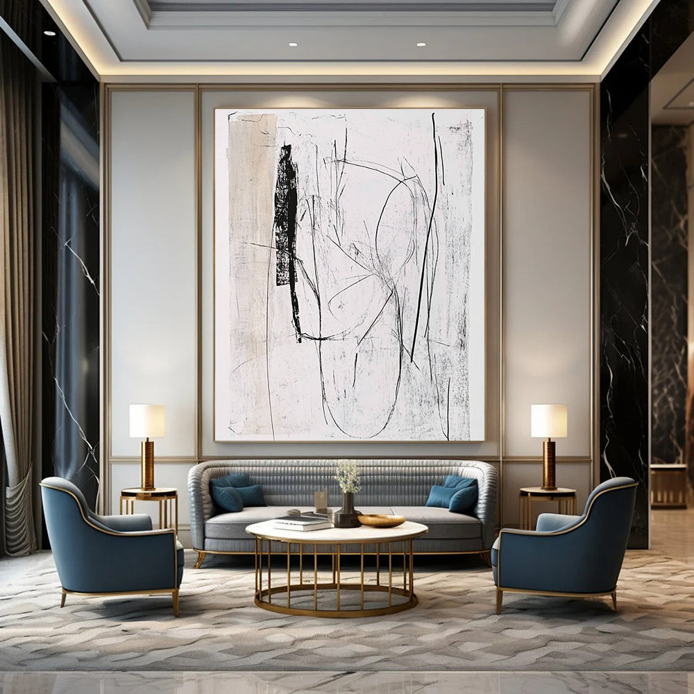 Black and White Sketch Abstract Painting of Minimalist Lines GAB0117