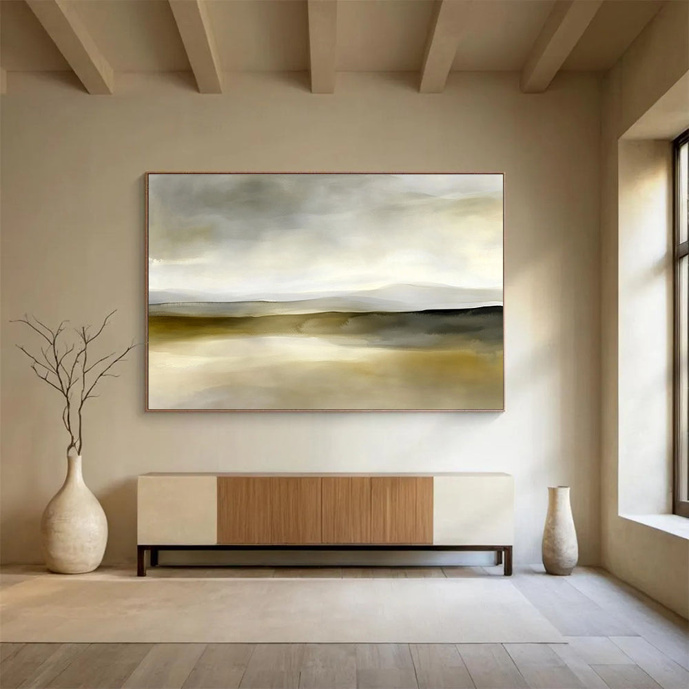 Neutral Tones Landscape Abstract Painting with Serene, Misty Ambiance ABS447