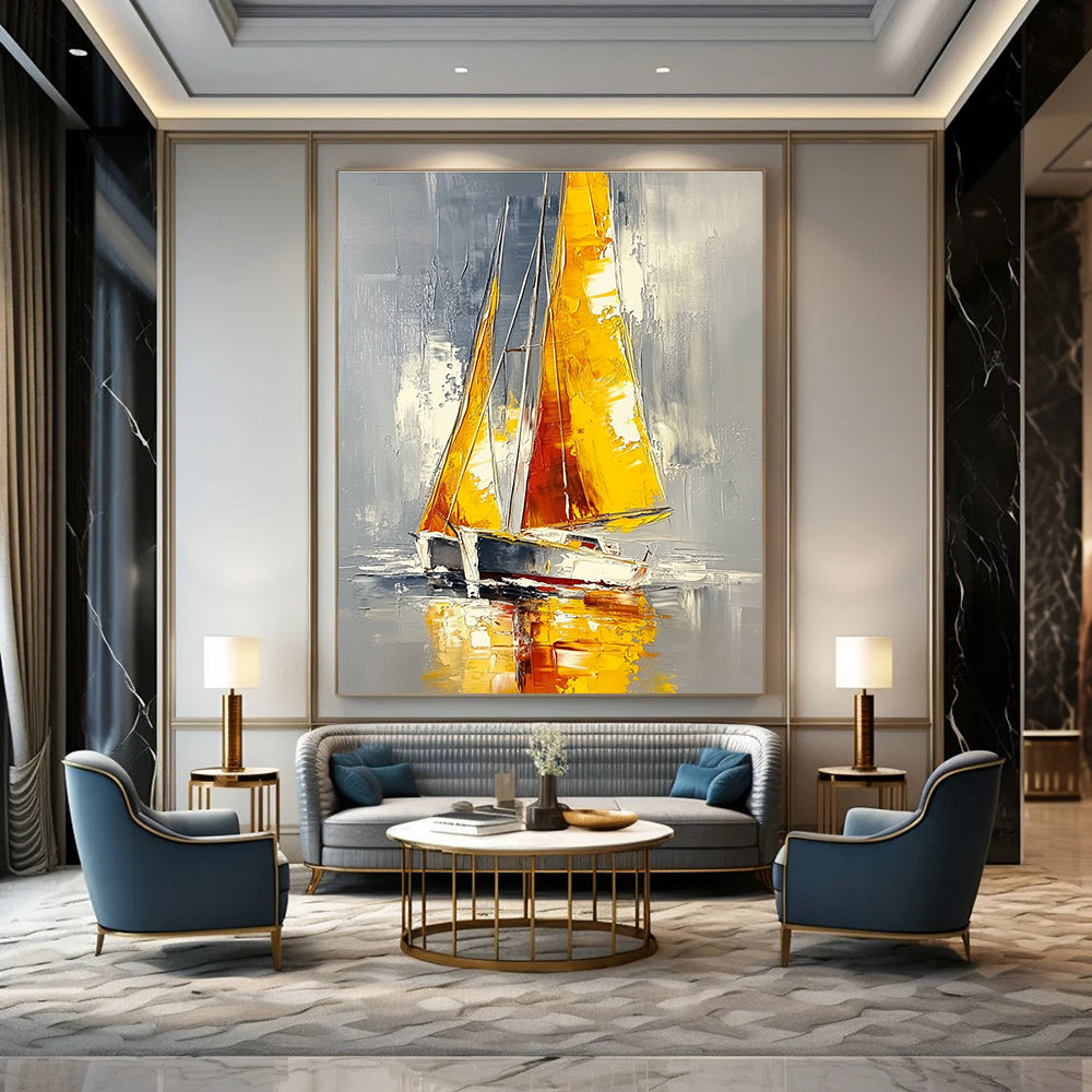 Yellow - Sailed Boat on Gray Water Abstract Painting for Nautical Spaces GAB1445