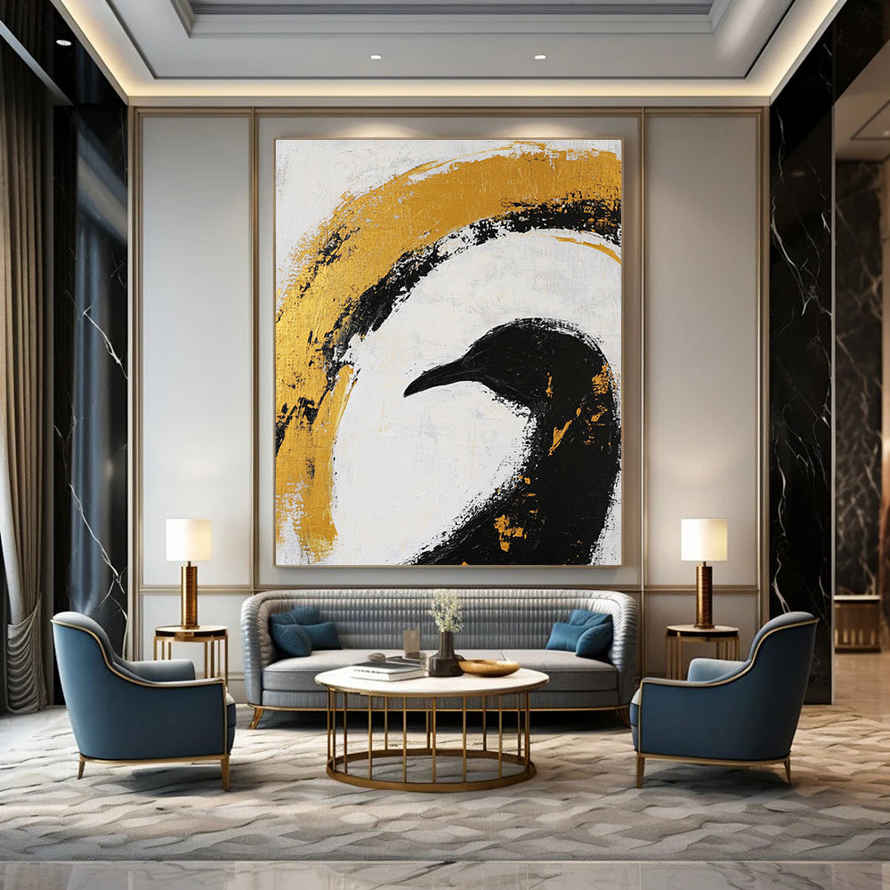 Black Bird Gold Arc Art - Symbolic Minimalist Abstract Painting GAB0438
