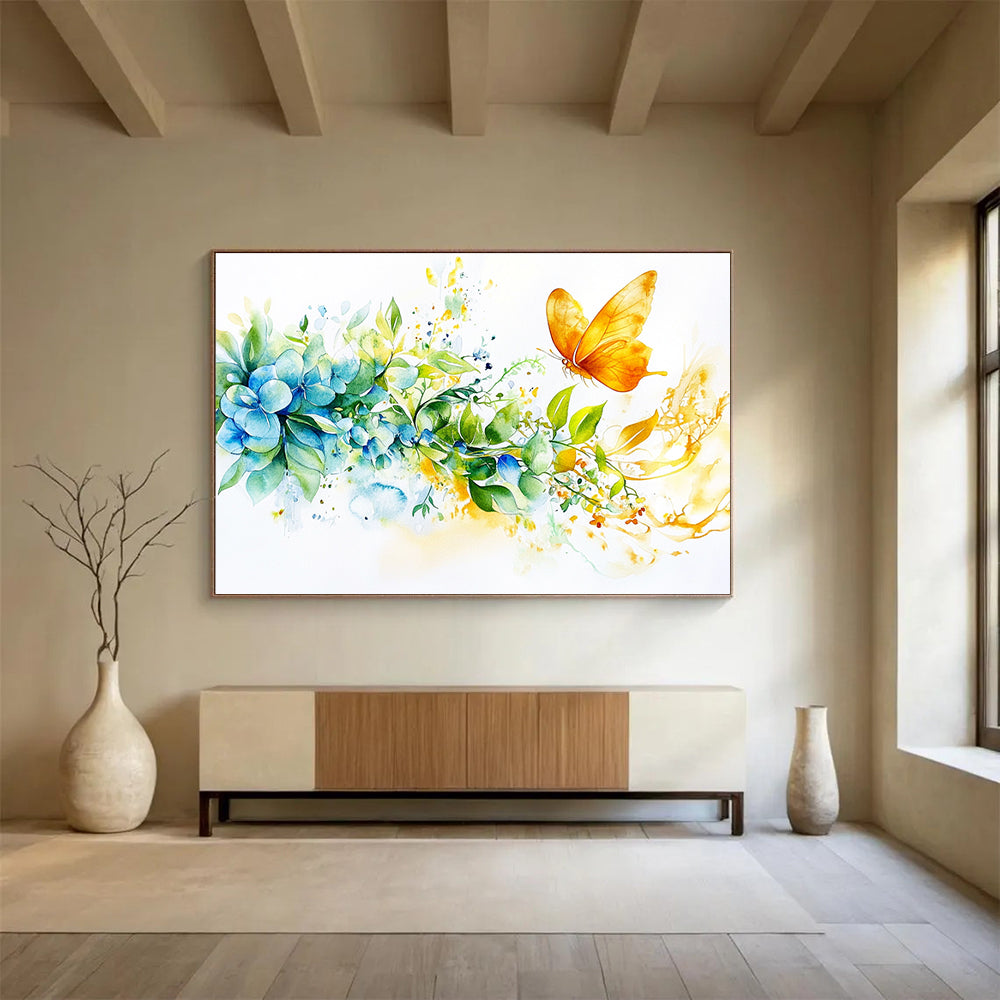 Blue Hydrangeas and Butterfly: Delicate Nature’s Moment Abstract Painting ABS158