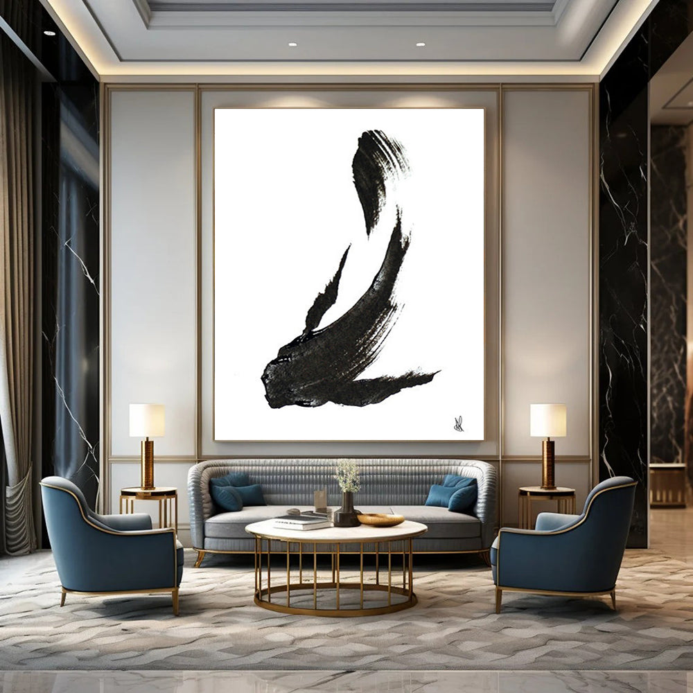 Minimalist Black Ink Fish Painting for Zen - Inspired Home Offices HENG181