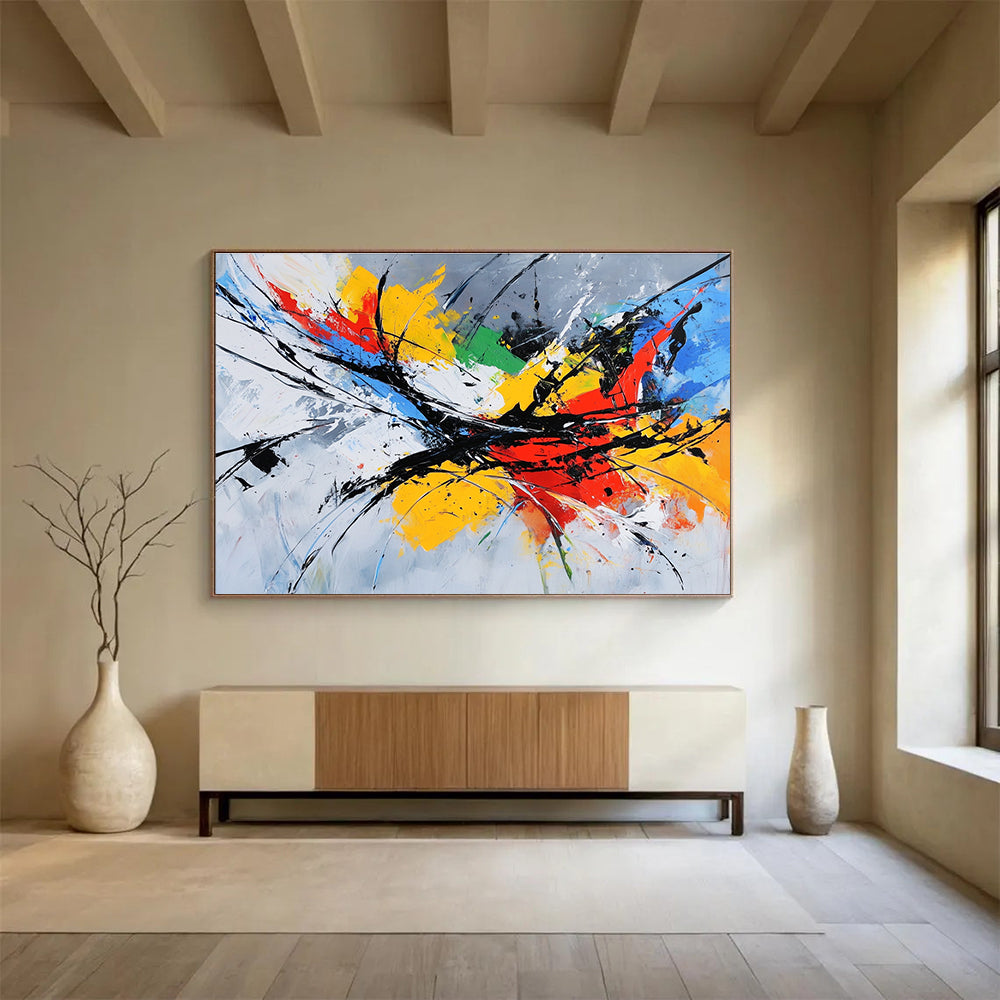 Colorful Expressive Splatter with Dynamic Black Lines Abstract Painting ABS332
