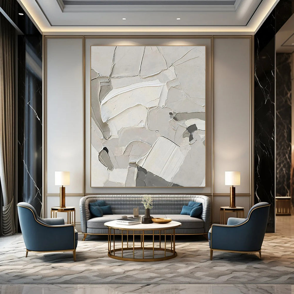 White Textured Abstract Composition Painting for Contemporary Art Galleries HENG509