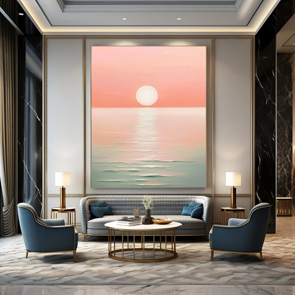 Pink Sunset Over Sea I Minimalist Abstract Painting for Serene Bedrooms GAB1467