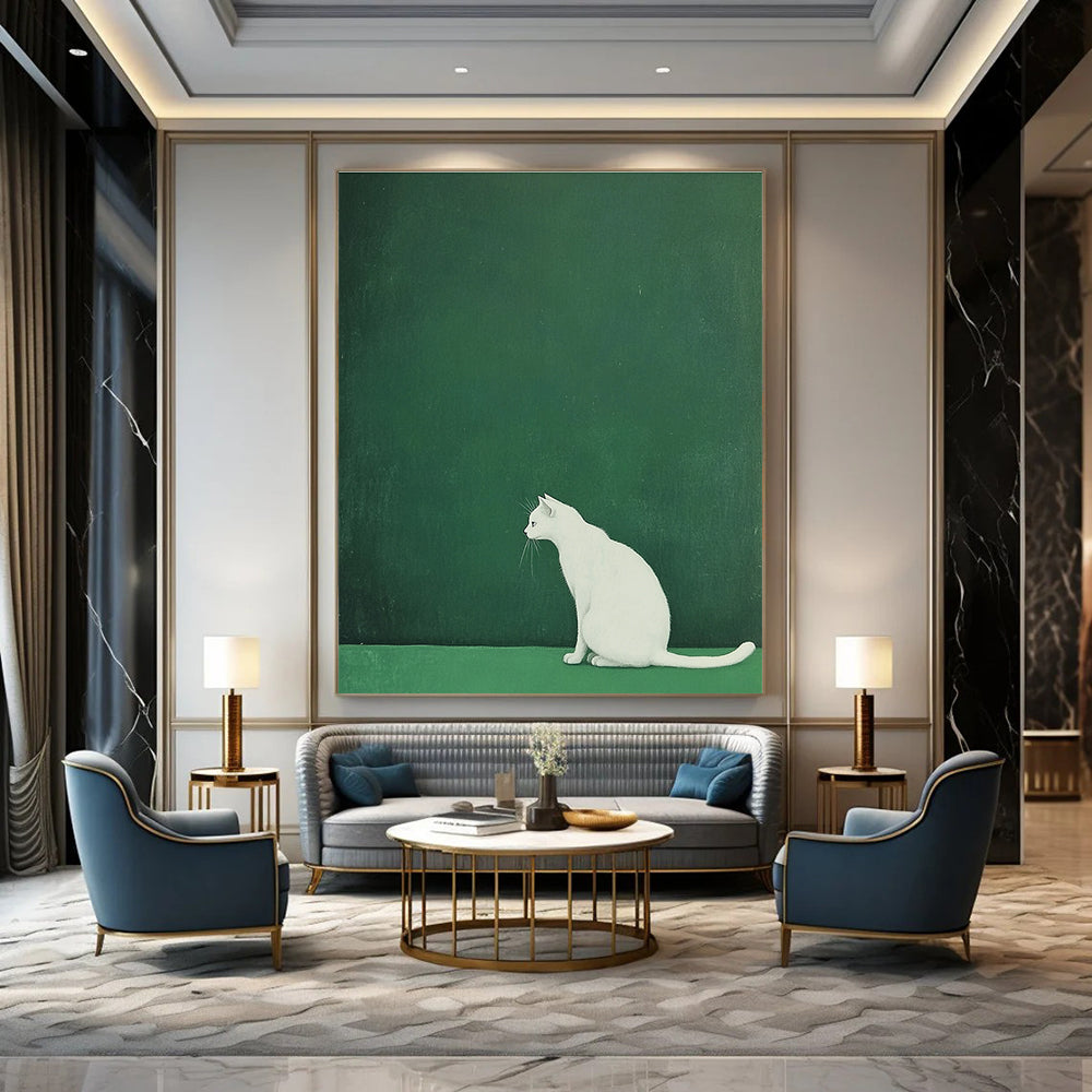White Cat on Green Minimalist Abstract Painting for Calm Interiors GAB1520