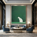 White Cat on Green Minimalist Abstract Painting for Calm Interiors GAB1520